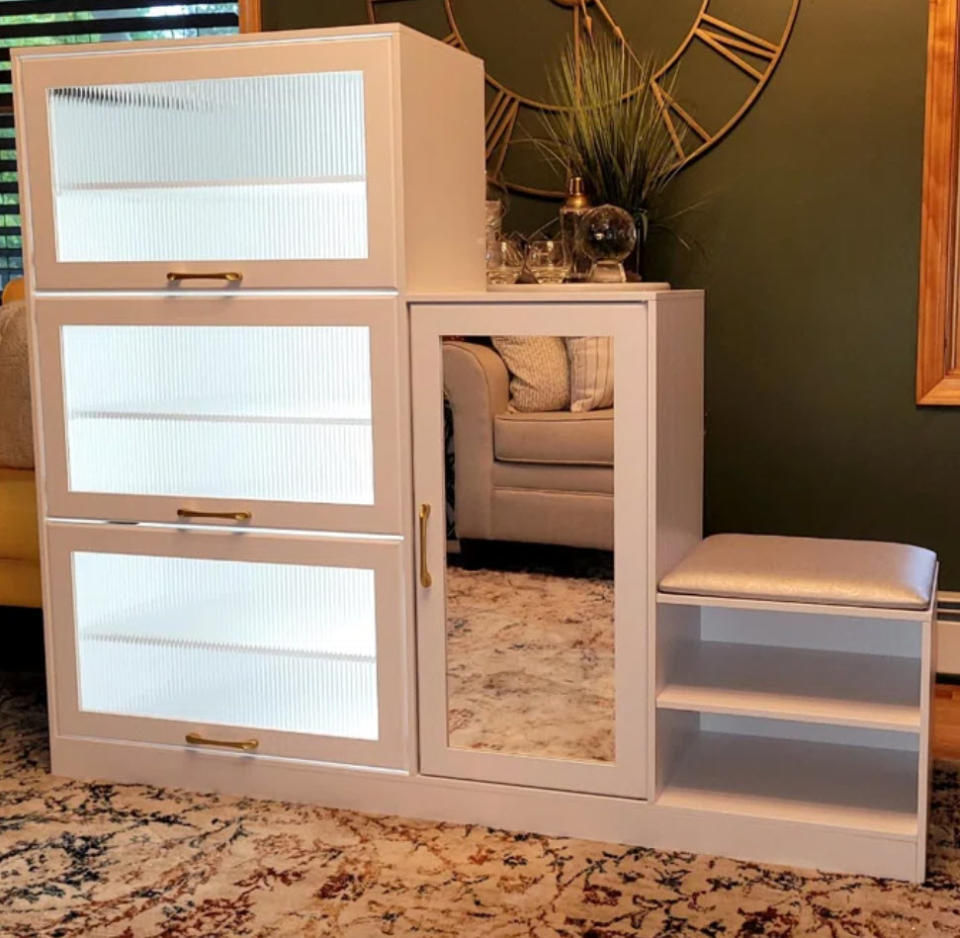 three leveled shoe rack with mirror and stool