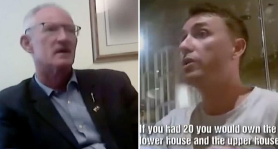 One Nation’s Queensland party leader Steve Dickson and Senator Pauline Hanson’s chief of staff James Ashby filmed by an Al Jazeera journalist speaking with US gun lobby groups about donations. Source: Al Jazeera