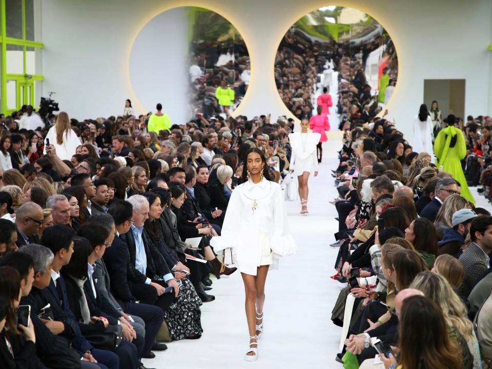 Models wear creations as part of the Valentino Ready To Wear Spring-Summer 2020 collection, unveiled during the fashion week, in Paris, Sunday, Sept. 29, 2019. (Photo by Vianney Le Caer/Invision/AP)