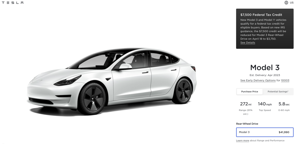 The Tesla Model 3 US order page (4/11/23)
