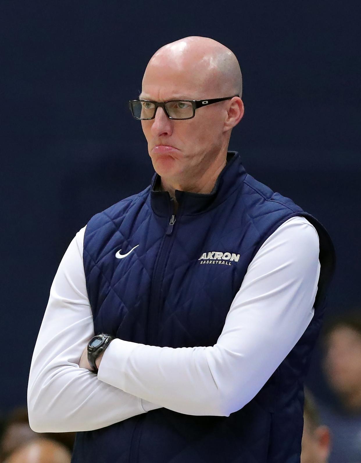 Akron men's basketball coach John Groce reacts after a turnover against Bradley on Dec. 5, 2023, in Akron.