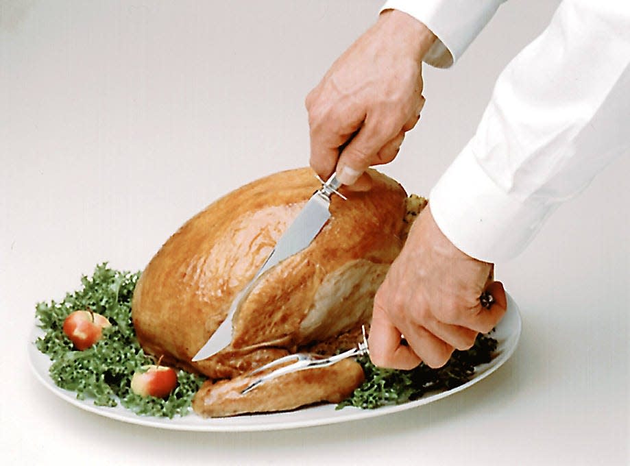 Carving the Thanksgiving turkey: Step 3: Beginning halfway up the breast, cut a thin slice with an even stroke. When knife reaches the cut above the wing joint, slice will fall free. BUTTERBALL