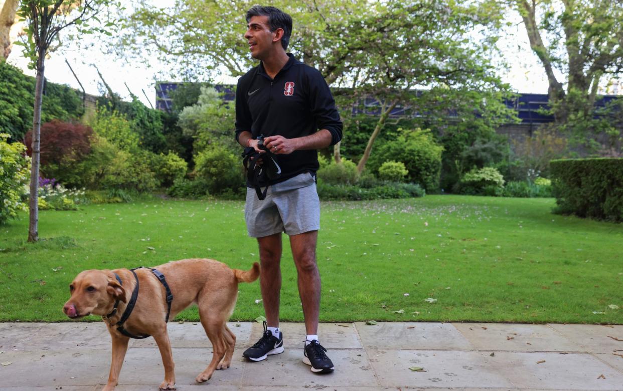 Prime Minister Rishi Sunak joins Home Secretary James Cleverly for Press-Up Challenge for Cancer Research in the gardens of 10 Downing Street