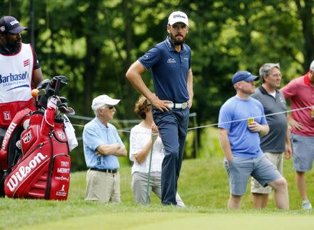 Jul 20, 2018; Nicholasville, KY, USA; Troy Merritt waits to put on the 4th hole during the second round of the Barbasol Championship golf tournament at Keene Trace Golf Club. Mandatory Credit: Mark Zerof-USA TODAY Sports