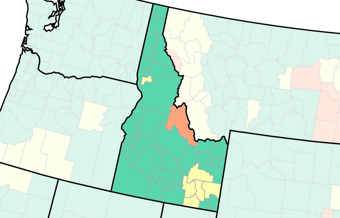 This is the U.S. Centers for Disease Control and Prevention’s latest COVID-19 community level map. It shows what areas of Idaho are at the highest risk for spread of the disease. As of Thursday, Lewis, Bingham, Power, Oneida, Bannock and Caribou counties are in the medium-risk category, or yellow zone. Only Lemhi County is in the high-risk red zone.