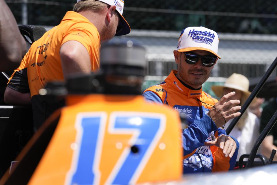 Kyle Larson waits to drive during qualifications for the Indianapolis 500 auto race at Indianapolis Motor Speedway, Sunday, May 19, 2024, in Indianapolis. (AP Photo/Darron Cummings)