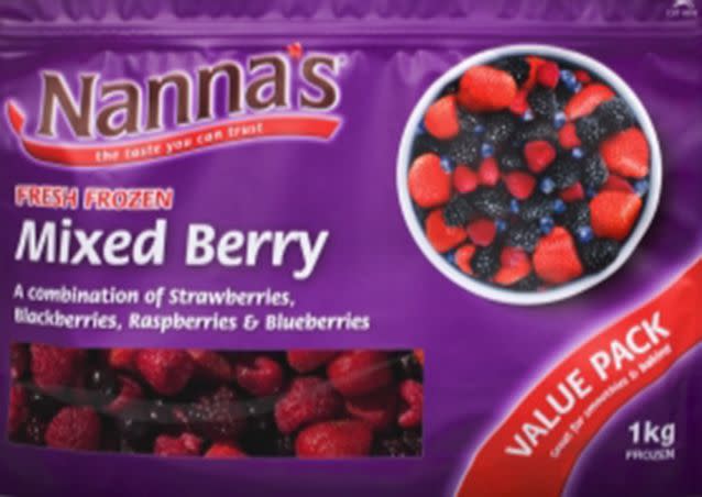 Consumers are advised to dispose of a one-kilogram imported packet of Nanna’s Frozen Mixed Berry immediately if they have purchased the product. Photo: Department of Health & Human Services Victoria