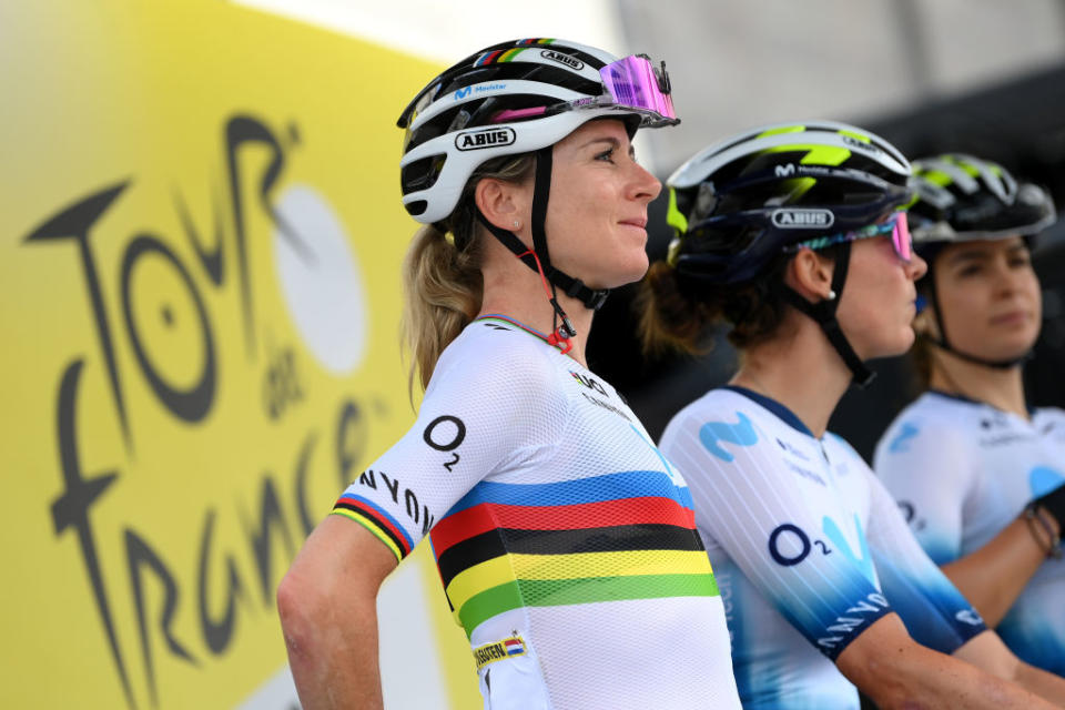 CLERMONTFERRAND FRANCE  JULY 24 Annemiek Van Vleuten of The Netherlands and Movistar Team prior to the 2nd Tour de France Femmes 2023 Stage 2 a 1517km stage from ClermontFerrand to Mauriac  UCIWWT  on July 24 2023 in ClermontFerrand France Photo by Alex BroadwayGetty Images