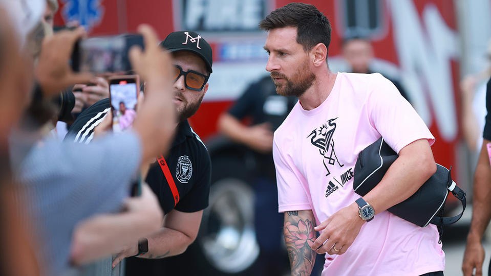 FORT LAUDERDALE, FLORIDA - AUGUST 02: Lionel Messi #10 of Inter Miami CF reacts prior to the Leagues Cup 2023 Round of 32 match between Orlando City SC and Inter Miami CF at DRV PNK Stadium on August 02, 2023 in Fort Lauderdale, Florida. (Photo by Hector Vivas/Getty Images)