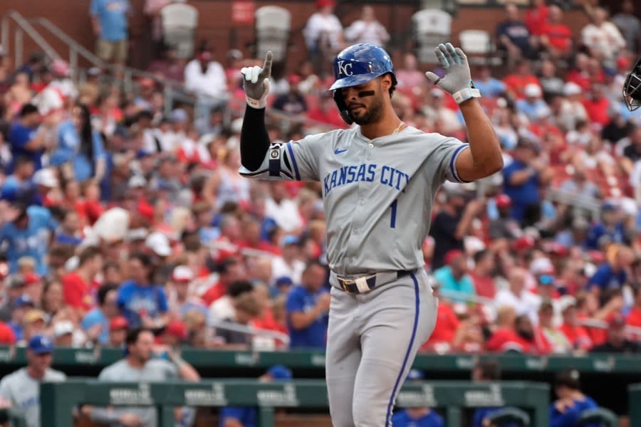 Kansas City Royals’ <a class="link " href="https://sports.yahoo.com/mlb/players/10891/" data-i13n="sec:content-canvas;subsec:anchor_text;elm:context_link" data-ylk="slk:MJ Melendez;sec:content-canvas;subsec:anchor_text;elm:context_link;itc:0">MJ Melendez</a> arrives home after hitting a solo home run during the third inning in the second game of a baseball doubleheader against the St. Louis Cardinals Wednesday, July 10, 2024, in St. Louis. (AP Photo/Jeff Roberson)