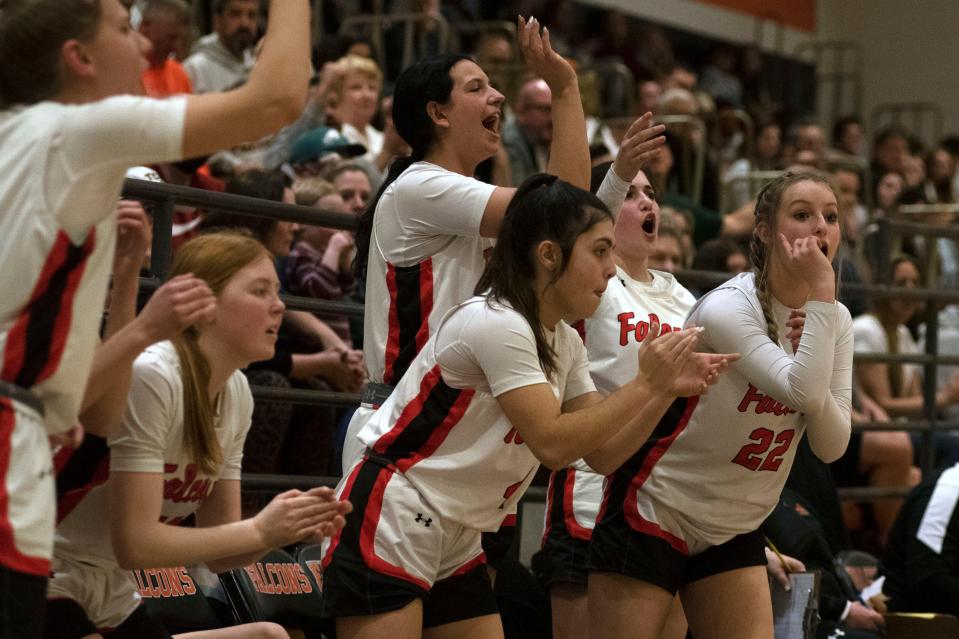 Pennsbury girls basketball team cheers as they defeat their first opponent at the state championship at Pennsbury High School in Fairless Hill on Tuesday, March 8, 2022. Pennsbury girls basketball defeated Dallastown, 62-46, in the first round of the PIAA Class 6A tournament.