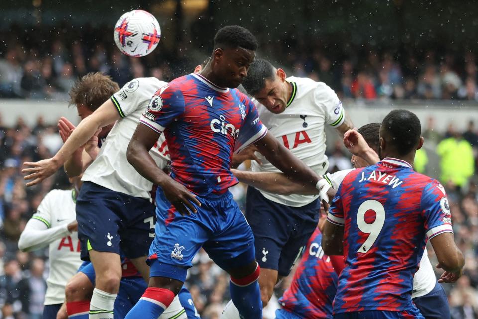 Tottenham Hotspur defender Sergio Reguilon (left) fights for the ball with Crystal Palace&#39;s English defender Marc Guehi (center) during the English Premier League football match between Tottenham Hotspur and Crystal Palace at Tottenham Hotspur Stadium in London, on May 6, 2023.