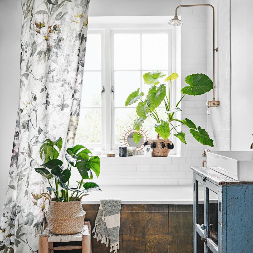 Plants on windwsill and stool in neutral toned bathroom