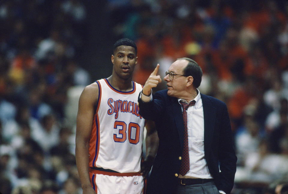 Jim Boeheim (right) coached several stars over the years, including Billy Owens (left) in the late 1980s. (Photo by Rick Stewart/Allsport/Getty Images)