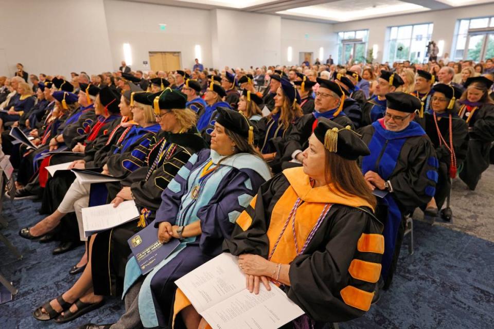 Faculty and administrators filled a room in the Nick & Lou Martin University Center during the investiture of Emily W. Messer at Texas Wesleyan on Friday.