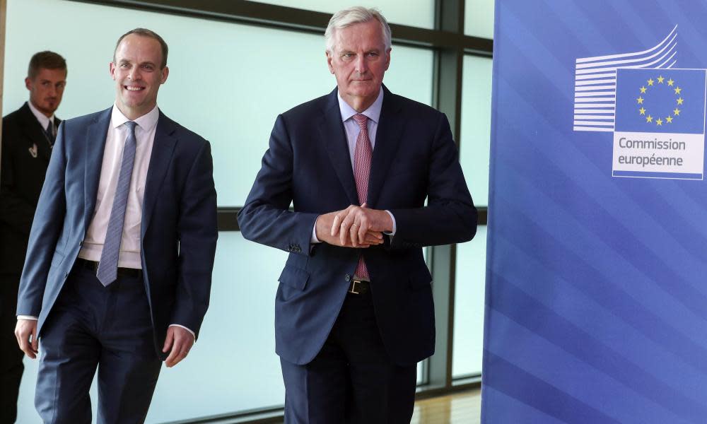 Michel Barnier with Dominic Raab in Brussels