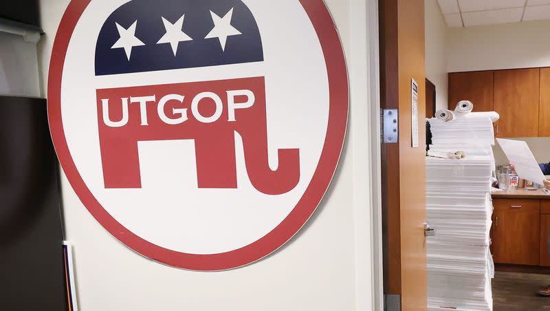 Old caucus signs that weren’t used due to COVID-19 are stacked up inside the Utah GOP’s headquarters in Salt Lake City on April 28, 2021. Utah GOP state delegates across Utah will gather April 22 to vote on a new party leadership team.