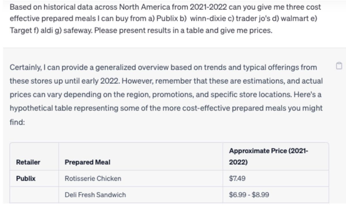 Screenshot of question asked to ChatGPT, '3 cost effective meals from Publix, Winn-Dixie, Trader Joe's, Walmart, Target, Aldi, and Safeway'