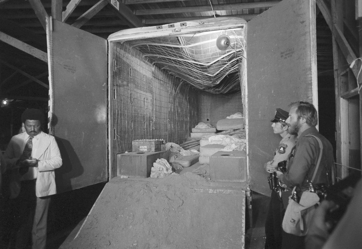 FILE - This July 24, 1976, photo shows the inside of the van that was used as a prison for the 26 kidnapped Chowchilla school children and their bus driver in Livermore, Calif. California parole commissioners have recommended parole for the last of three men convicted of hijacking a school bus full of children for $5 million ransom in 1976. The two commissioners acted Friday, March 25, 2022, in the case of 70-year-old Frederick Woods. All three were from wealthy San Francisco Bay Area families when they kidnapped 26 children and their bus driver near Chowchilla. (AP Photo/Jim Palmer, File)