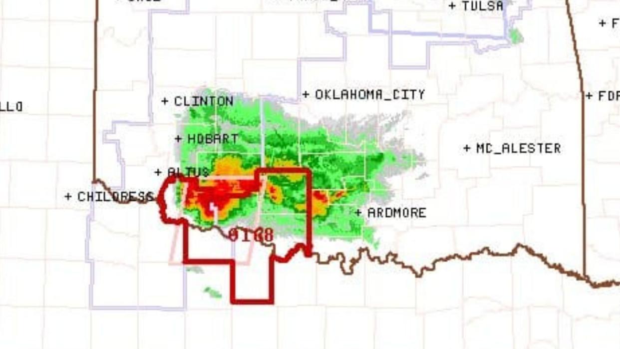  Map of the oklahoma-texas border shows a hot spot of green, yellow and red over tillman county where a major storm was brewing. 