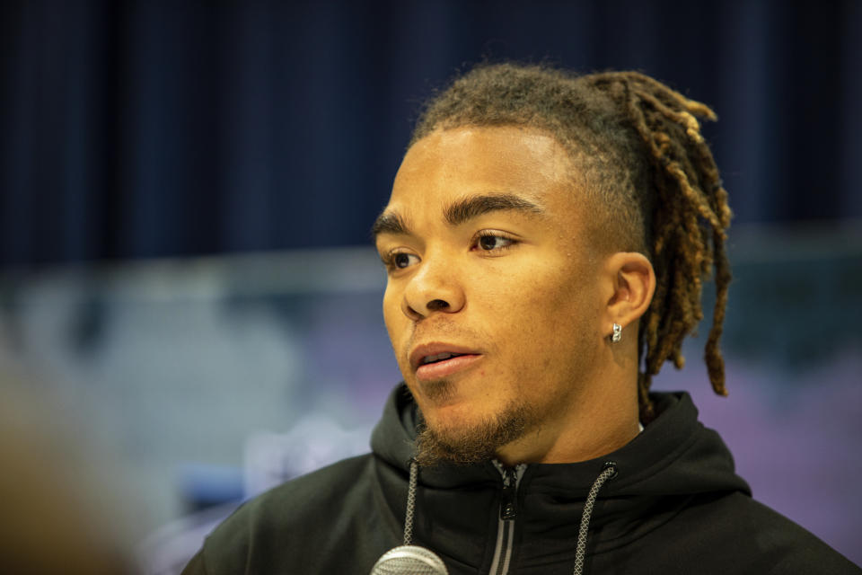 Chase Claypool talks to the media at the NFL Scouting Combine on Tuesday, Feb. 25, 2020 in Indianapolis. (Detroit Lions via AP)