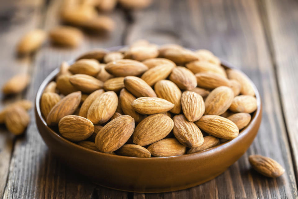 Almonds: These easy-to-carry snacks contain essential fatty acids that help keep the scalp moisturized so you don’t end up with dandruff. They’re also rich in protein, giving hair that extra glossy sheen. 