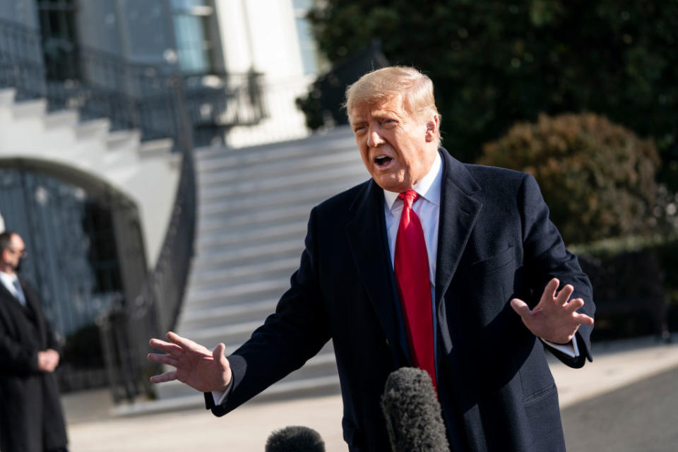 US President Donald Trump speaks to reporters on the South Lawn of the White House before boarding Marine One in Washington, DC.