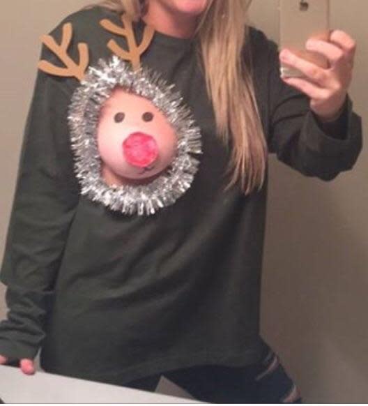 <p>The outfits feature a breast-sized hole snipped out of the front of the sweater with tinsel around the edge. Add some googly eyes, felt antlers and a big, sparkly red pom-pom ball and you have Rudolph on your chest.</p>