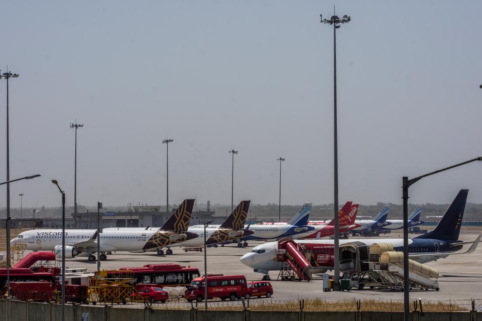 FILE. Aircraft stand at Terminal 3 at the Indira Gandhi International Airport, New Delhi. A passenger was arrested for creating ruckus at the airport after he was denied boarding because he didn’t have a Covid-19 test report on him (Getty Images)