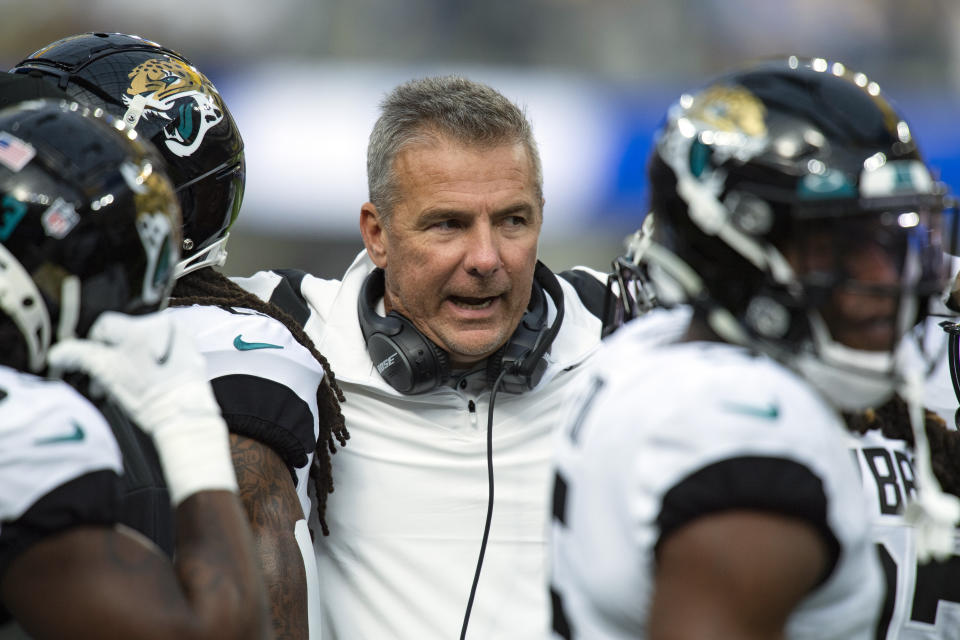 FILE - Jacksonville Jaguars head coach Urban Meyer on the sideline while playing the Los Angeles Rams during an NFL Professional Football Game Sunday, Dec. 5, 2021, in Inglewood, Calif. Urban Meyer's tumultuous NFL tenure ended after just 13 games — and two victories — when the Jacksonville Jaguars fired him early Thursday, Dec. 16, 2021 because of an accumulation of missteps. (AP Photo/John McCoy, File)