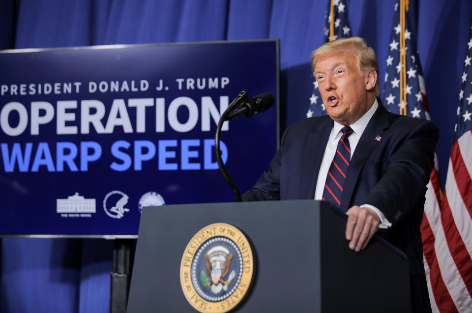 U.S. President Donald Trump delivers a speech during a tour of the Fujifilm Diosynth Biotechnologies' Innovation Center, a pharmaceutical manufacturing plant where components for a potential coronavirus disease  (COVID-19) vaccine candidate are being developed, in Morrrisville, North Carolina, U.S., July 27, 2020. REUTERS/Carlos Barria