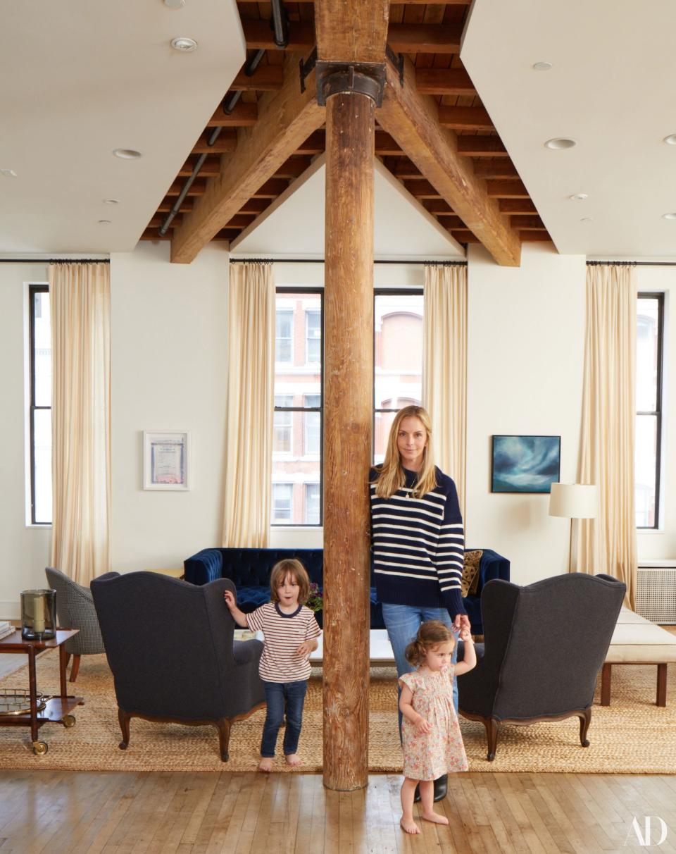 Melling with her son, Wolf, and her youngest daughter, India, in the formal living room of her Manhattan loft.