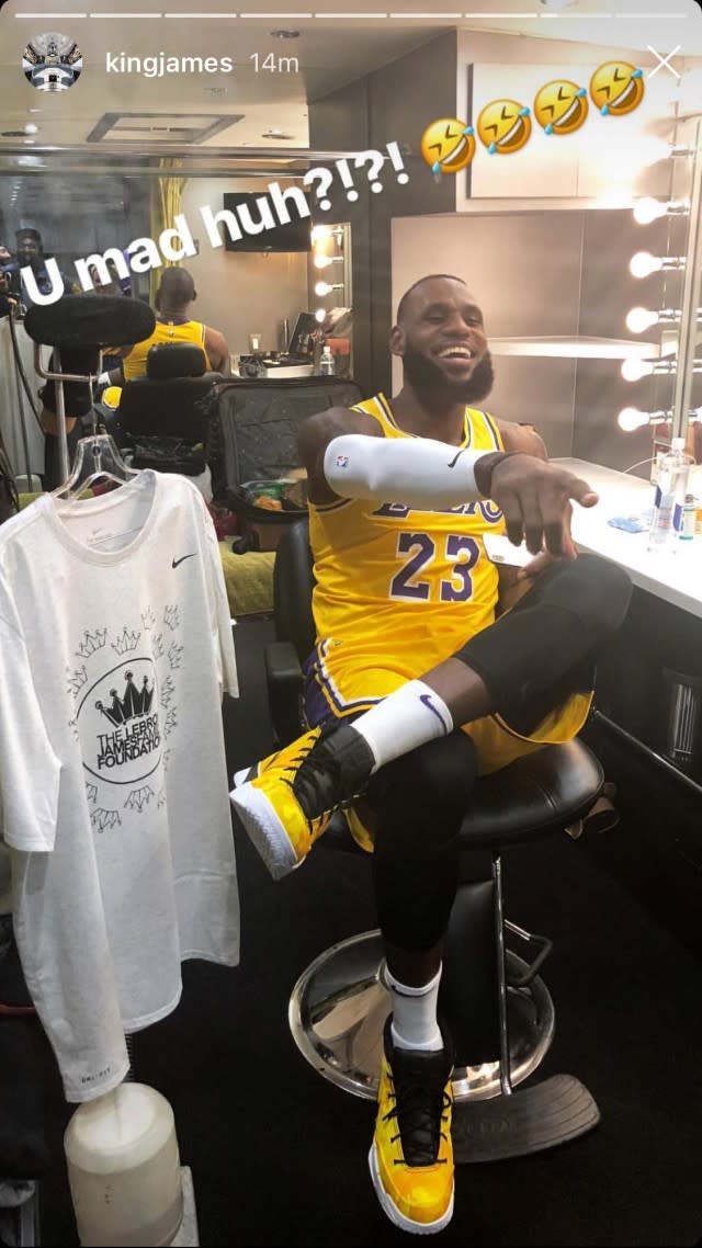 The NBA superstar took to his Instagram Story on Wednesday rocking gold and purple -- and an interesting pair of Nikes.