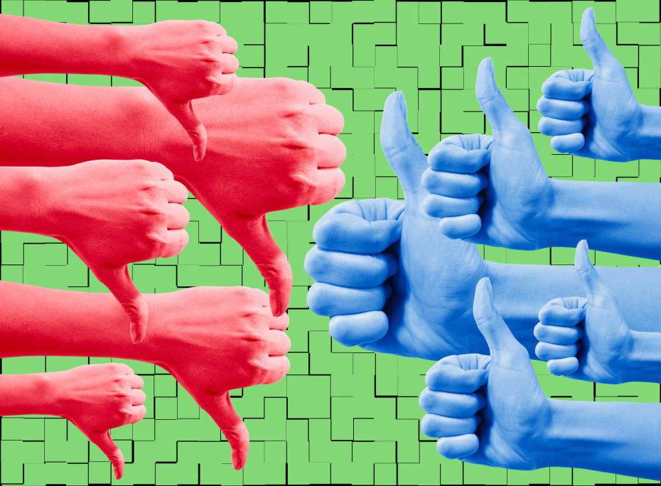 Numerous red-hued hands give thumbs down and numerous blue-hued hands give thumbs up against a geometric patterned background