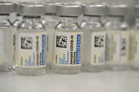 Vials of Johnson & Johnson COVID-19 vaccine sit in the pharmacy of National Jewish Hospital for distribution early Saturday, March 6, 2021, in east Denver. Volunteers worked with nurses and physicians from National Jewish to administer 2,500 vaccinations of the Johnson & Johnson vaccine that requires a single shot instead of two like the other vaccines. (AP Photo/David Zalubowski)