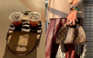 有日本設計師設計出客製化精品手搖飲料袋。| Daisuke Takamatsu, a Japanese designer, has recently turned a Louis Vuitton bag into a coffee carrier.(Courtesy of dimda_/Instagram）