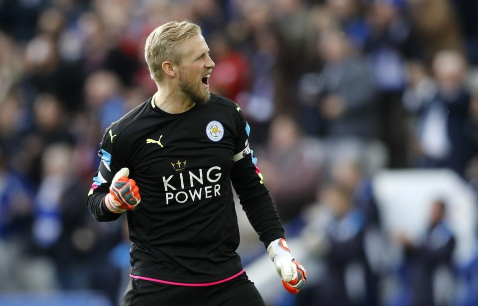 <p>Leicester City’s Kasper Schmeichel celebrates after the second goal scored by Jamie Vardy (not pictured) </p>