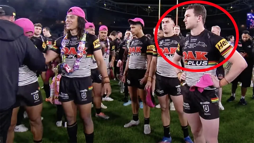 Dylan Edwards, pictured here being ignored by his Panthers teammates after winning the Clive Churchill Medal in 2022. 