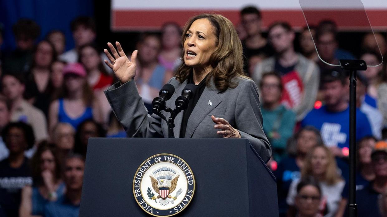 PHOTO: Democratic presidential candidate Vice President Kamala Harris speaks during a campaign rally at the Alliant Energy Center on September 20, 2024 in Madison, Wisconsin. (Scott Olson/Getty Images)