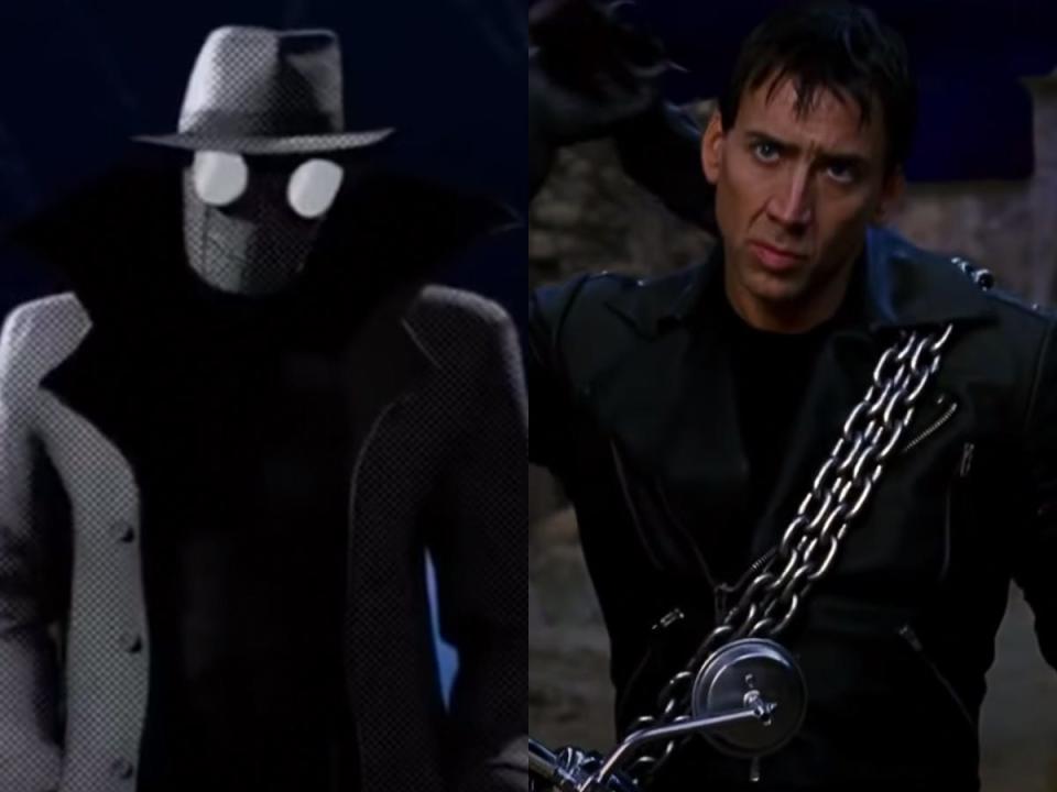 On the left: Spider-Man Noir in "Spider-Man: Into the Spider-Verse." On the right: Nicolas Cage in "Ghost Rider."