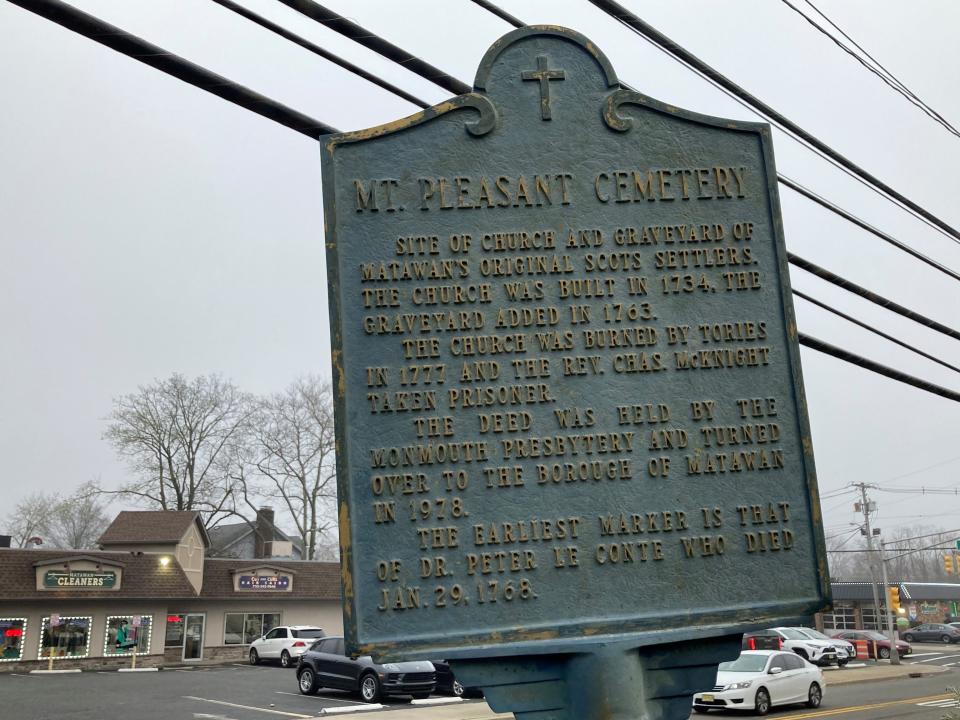 Historical marker at Mount Pleasant Cemetery in Matawan notes the original site of First Presbyterian Church.