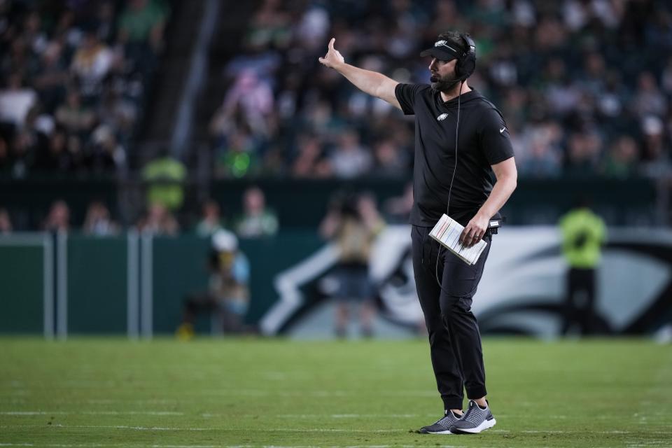 Philadelphia Eagles head coach Nick Sirianni directs his team during the second half of an NFL preseason football game against the Indianapolis Colts on Thursday, Aug. 24, 2023, in Philadelphia. (AP Photo/Matt Slocum)