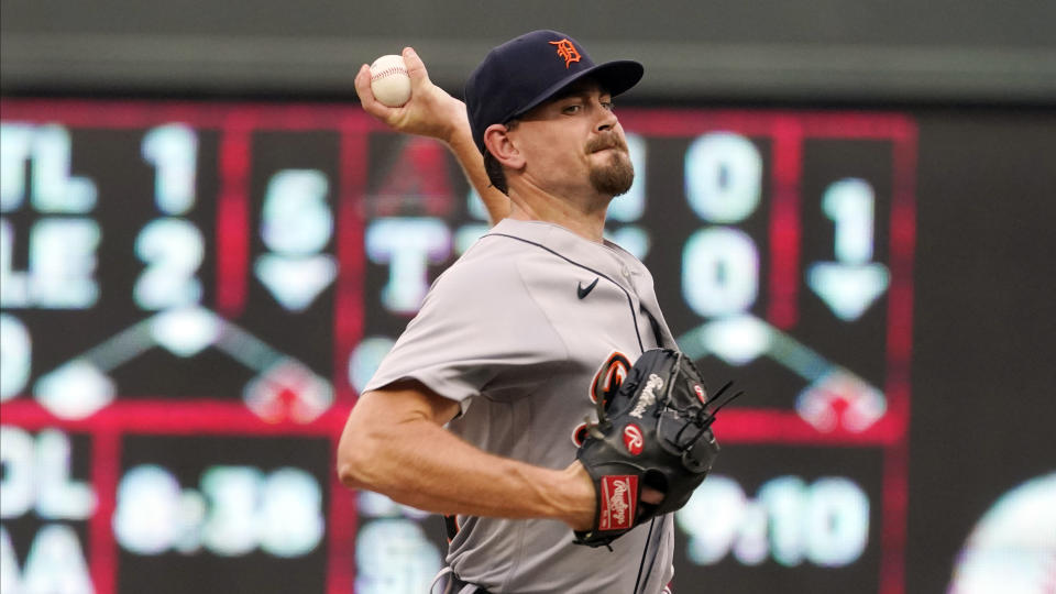 Detroit Tigers pitcher Tyler Alexander throws to a Minnesota Twins batter during the first inning of a baseball game Tuesday, July 27, 2021, in Minneapolis. (AP Photo/Jim Mone)