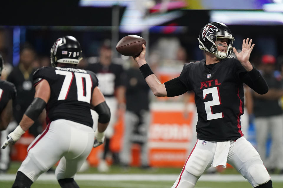 Atlanta Falcons quarterback Matt Ryan (2) passes in the pocket against the Tampa Bay Buccaneers during the second half of an NFL football game, Sunday, Dec. 5, 2021, in Atlanta. (AP Photo/Brynn Anderson)