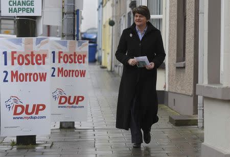 Arlene Foster, leader of the DUP (Democratic Unionist Party) walks towards a polling station in the Northern Ireland Assembly elections in Brookeborough in Northern Ireland, March 2, 2017. REUTERS/Toby Melville