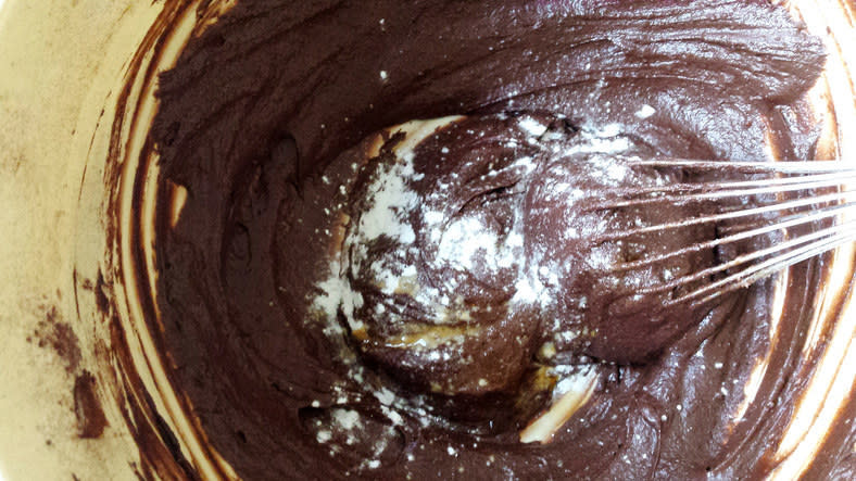 Chocolate cake mix in a mixing bowl.