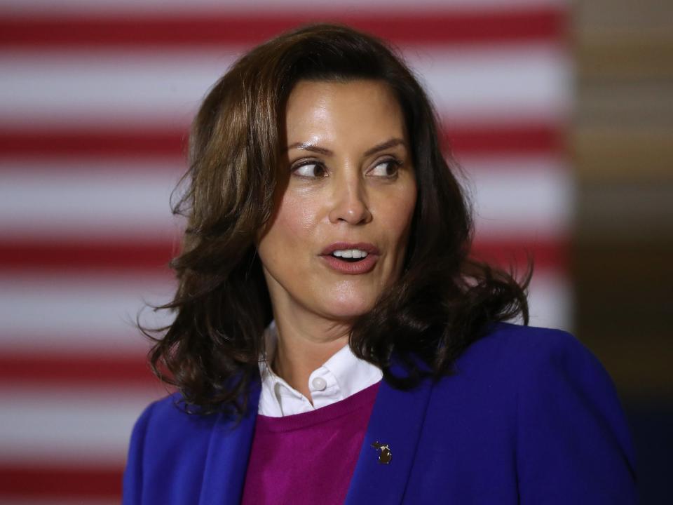 Gov. Gretchen Whitmer introduces Democratic presidential nominee Joe Biden delivers remarks about health care at Beech Woods Recreation Center October 16, 2020 in Southfield, Michigan.