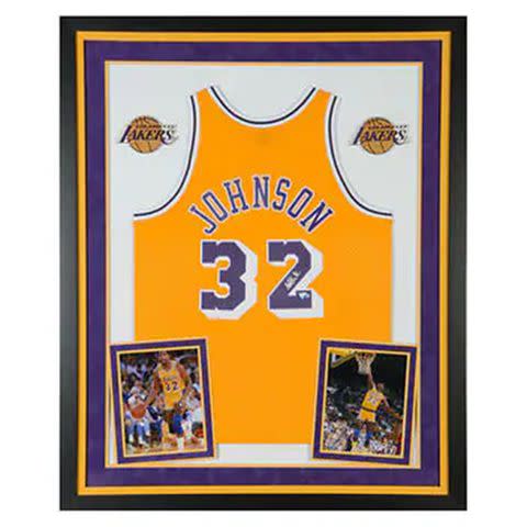 <p>Costco Wholesale</p> Magic Johnson Autographed Framed Gold Mitchell & Ness Authentic Jersey