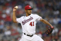 Washington Nationals starting pitcher Joe Ross delivers during the third inning of a baseball game against the Chicago Cubs, Saturday, July 31, 2021, in Washington. (AP Photo/Nick Wass)