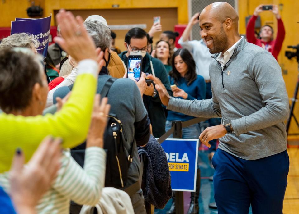 Lt. Governor Mandela Barnes, candidate for U.S. Senate, arrives at his rally which is part of the "Ron Against Roe" tour, a tour holding Ron Johnson accountable for his record on Wisconsinites access abortion October 08 at John Marshall High School in Milwaukee.